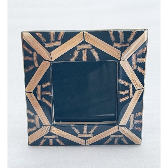 VTG Wooden Inlay Marquetry Picture Frame Set 5.5" Square Geometric Art w/ Glass - Picture 2 of 11